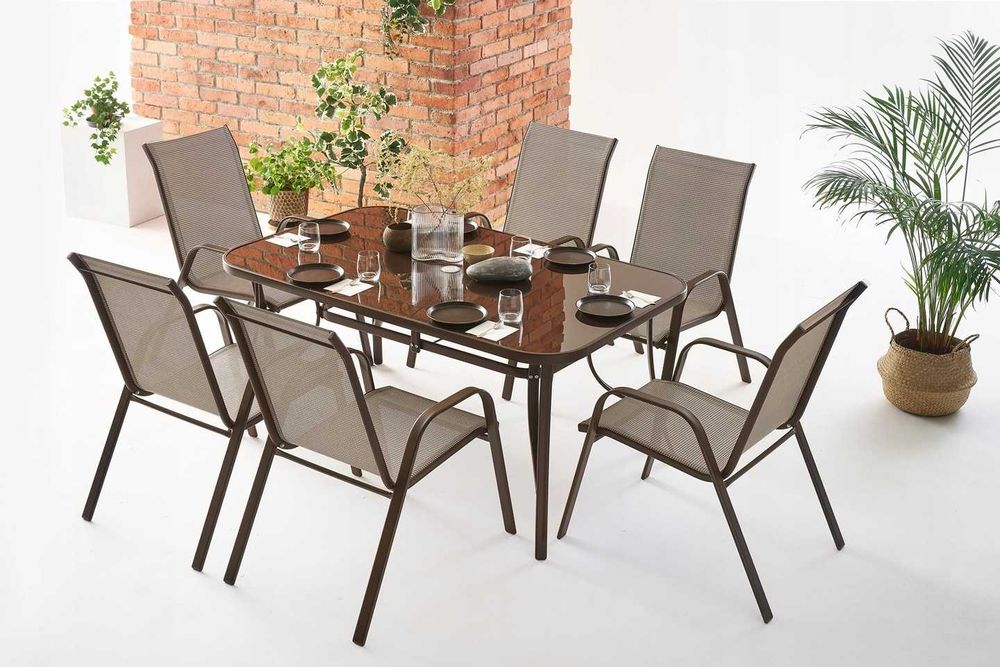 Zestaw Mebli Ogrodowych dla 6 osób Stół 150x90x73 Krzesła BRĄZ