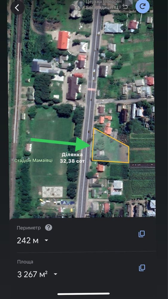 Фасадна земельна ділянка – 32 сот, с Мамаївці  центр, 55м вздовж траси