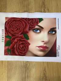 Картина бисером, девушка с розами