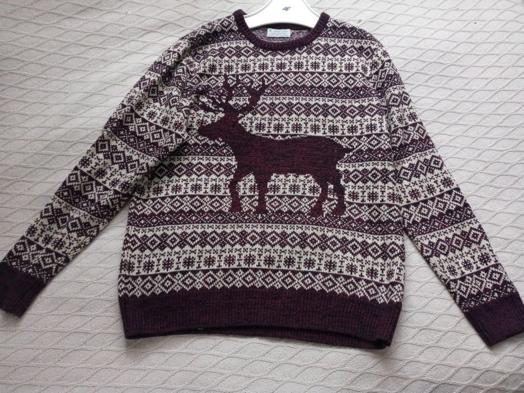 Świąteczny bordowy sweter męski L z jeleniem łosiem