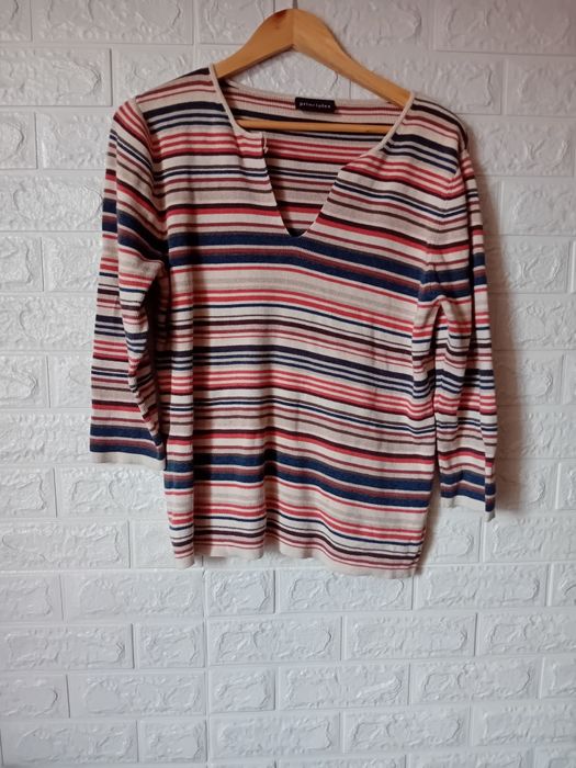 Sweter damski Principles w paski, dekolt V, rękaw 3/4 100% bawełna