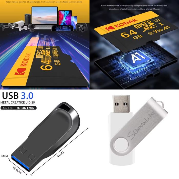 Карти Памяті microSD 64GB KODAK/USB Флешкі SOmnAmbulist 128GB,KRY 16GB