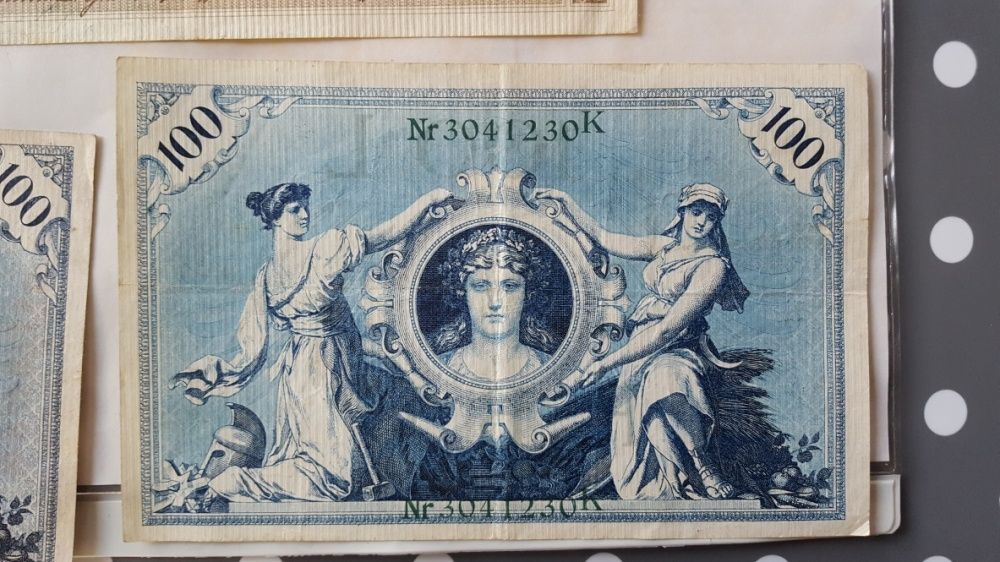 Banknot 1000 Marek 1910 i banknoty 100 Marek 1908 rok