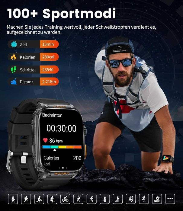 Smartwatch sportowy Lige FV3 latarka LED Sport Mierniki 1,91" 2 paski