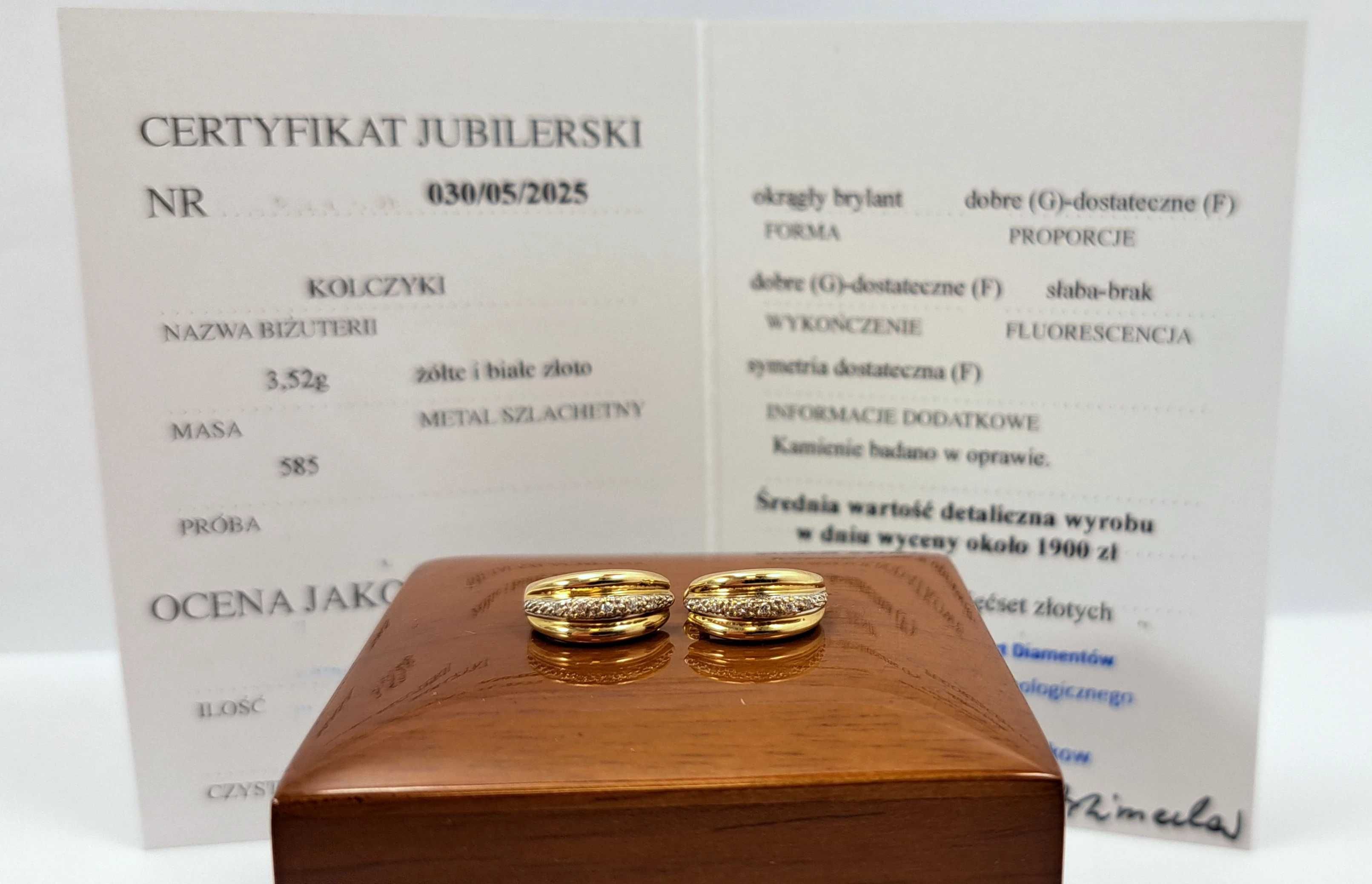 Okrągłe złote kolczyki 585 z diamentami0,05ct w:3,52g zamknięty bigiel