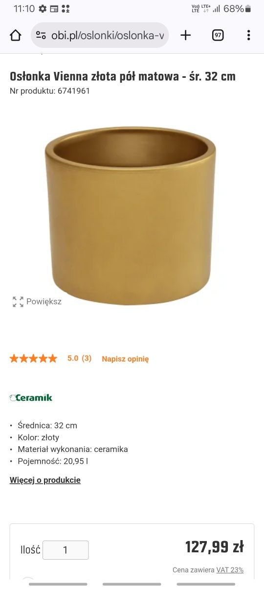 Donica ceramiczna złota Obi duża