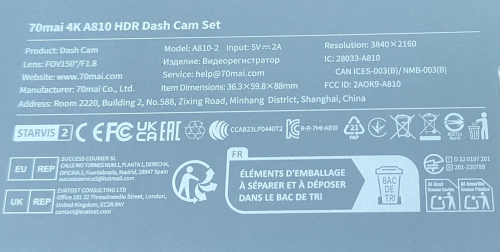 Відеореєстратор Xiaomi 70mai A810 Dash Cam 4K передня+задня+паркування