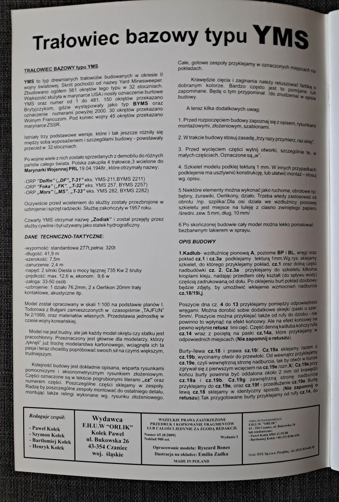 Model kartonowy do sklejania: trałowiec bazowy typu YMS, Orlik 8/2009