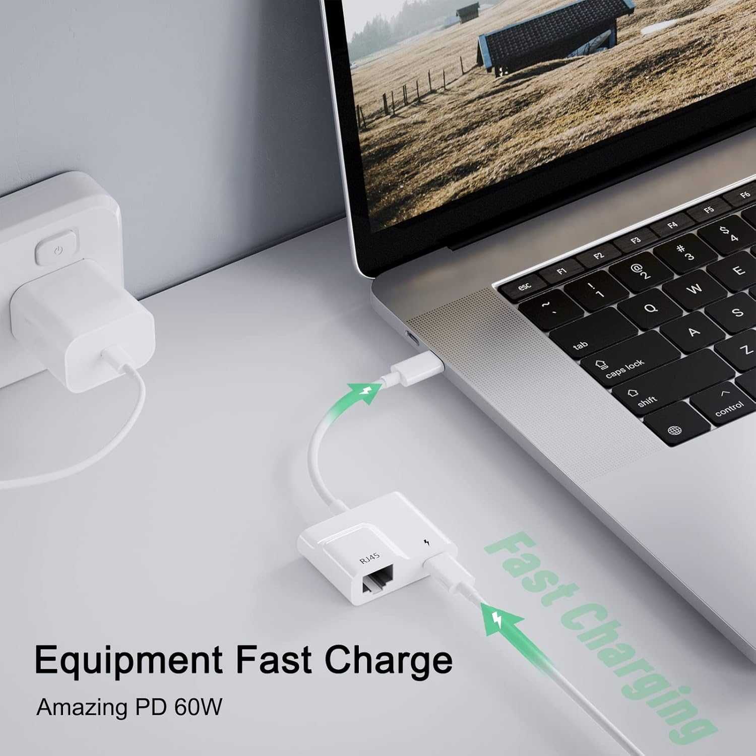Adapter Ethernet USB C, USB C na RJ45, funkcją ładowania.