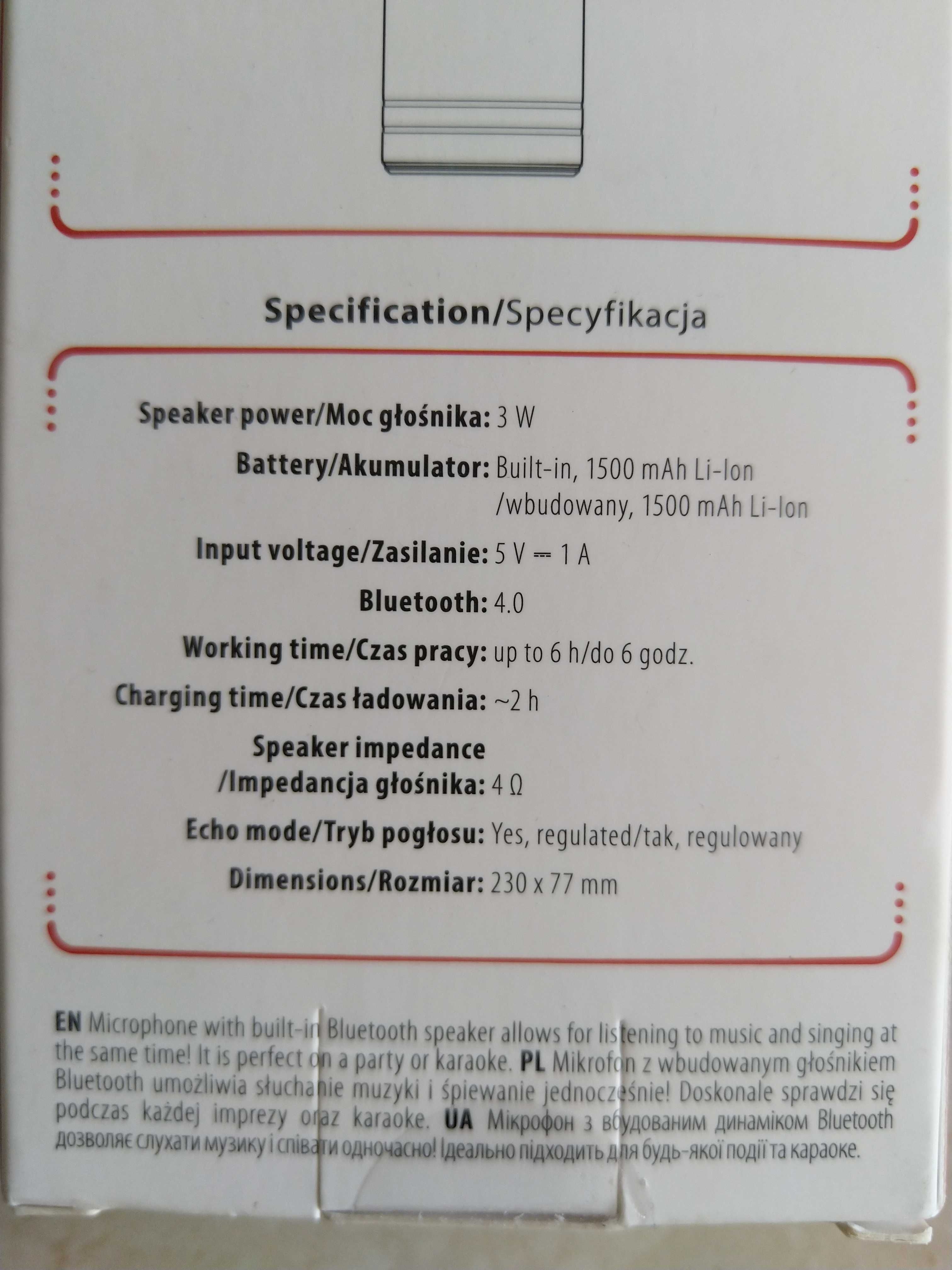 OKAZJA Mikrofon karaoke bezprzewodowy Aux USB Bluetooth MikroSD 3W