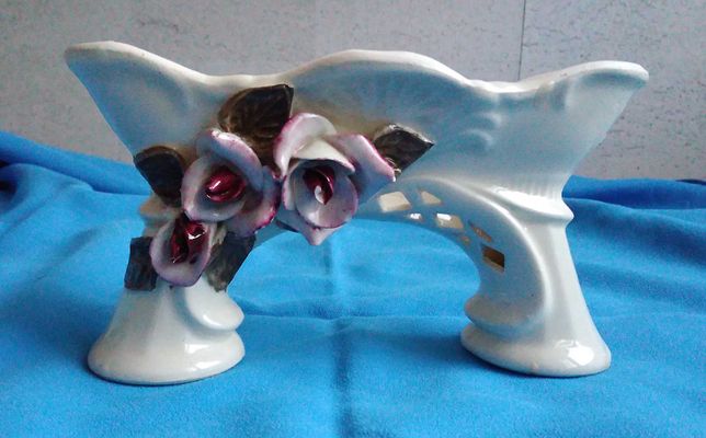 świecznik ceramiczny ozdobny PRL kwiaty podwójny