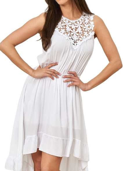 Sukienka asymetryczna z ażurowym dekoltem boho uni biała