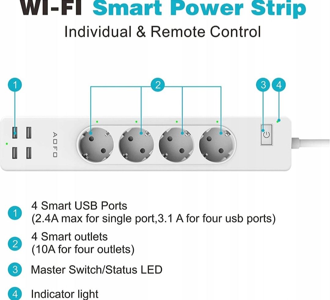 WIFI Smart Listwa Zasilajaca 4xUSB 4xGniazd C730 AOFO 8w1