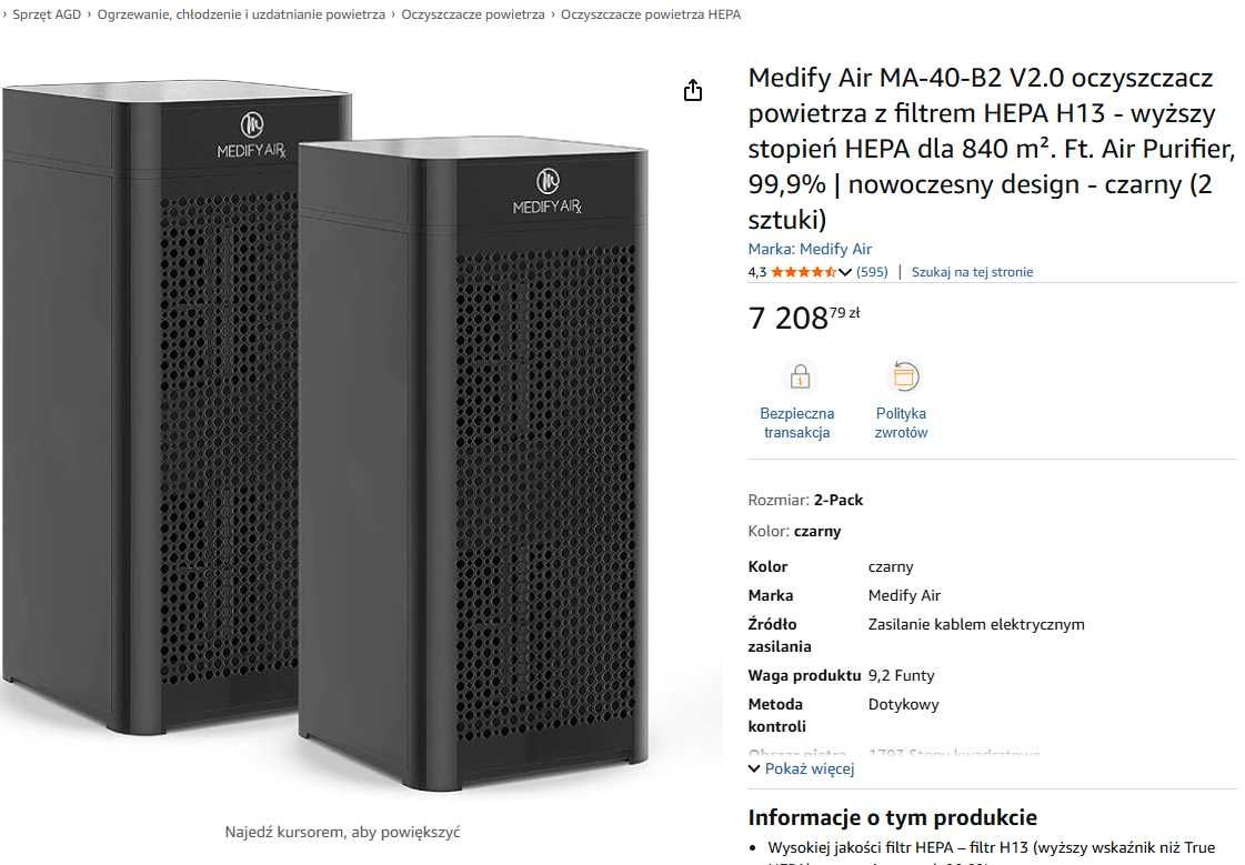 Oczyszczacz powietrza Medify MA-40 Air Purifier z H13 HEPA NOWY