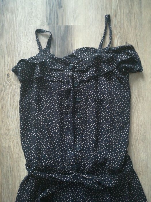 Czarny kombinezon w brązowe kropki na ramiączka, nogawki ok 7/8 next