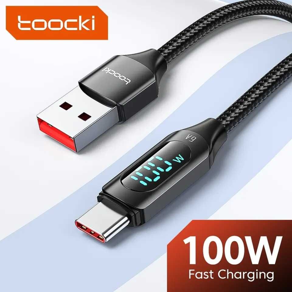 Kabel Ładowania 2m USB-C USB-A 100W LED - Toocki Przewód Oplot Czarny
