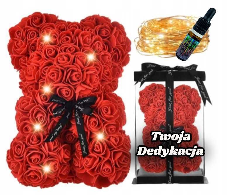 Duży MIŚ z róż WALENTYNKI Czerwony LED + Dedykacja