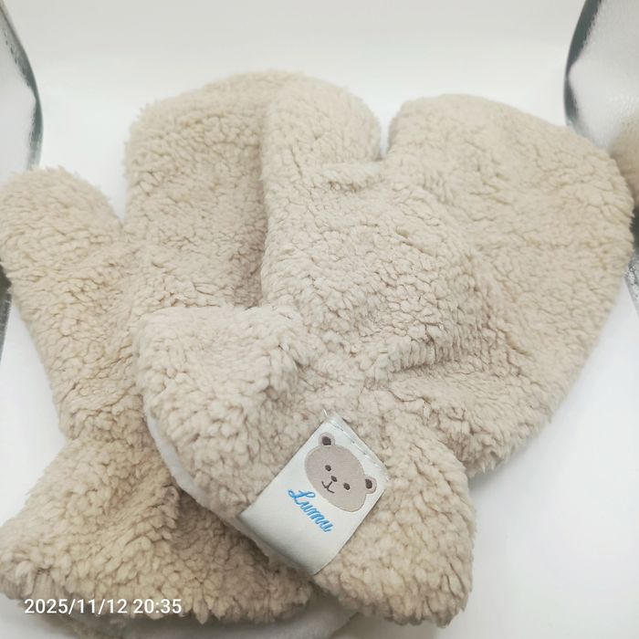 Nowy futerkowo-wełniane beżowe jednopalcowe rękawice Misie dla dorosły