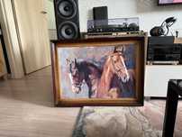 Duzy olejny obraz konie koń 82x62 z ramą
