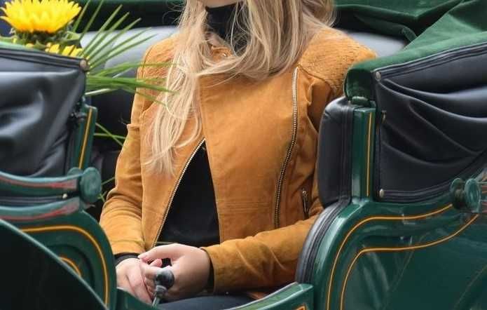 Kurtka skórzana Mango S  brąz camel zamsz