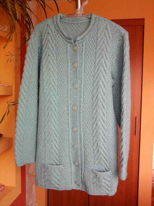 Turkusowy sweter z włóczki  jak nowy  - rękodzieło L/XL !!!