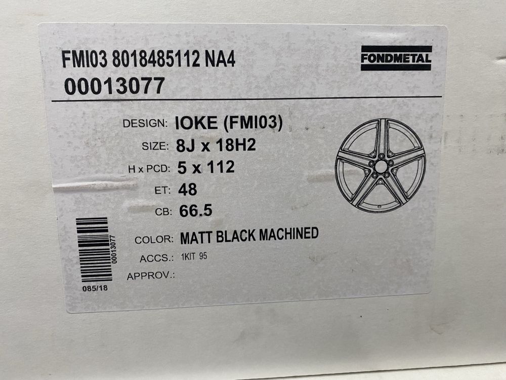 VAG Czarne Felgi Nowe Fondmetal IOKE FMI03 8J 18H2 5 X 112 Et 48 i 38