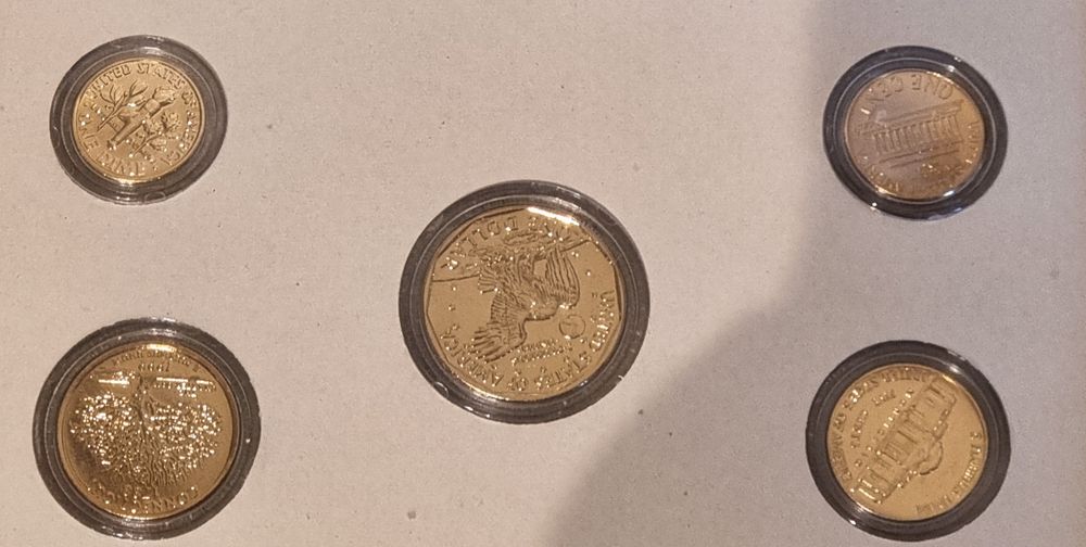 5 moedas de 1, 5, 10, 25 cents e 1 dólar 24Kt gold