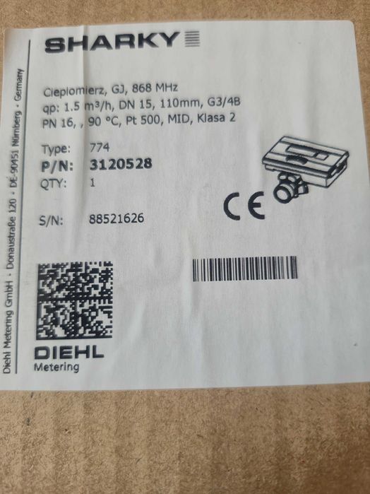 CIEPŁOMIERZ ultradźw. DN15 DIEHL Sharky 774; RADIO; Nowy