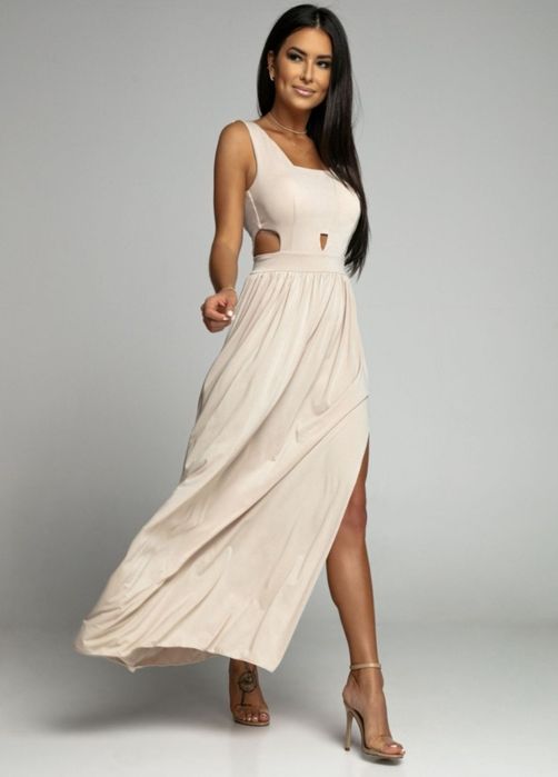 Sukienka maxi z wycięciami beżowa codzienna,wesele,wieczorowa, r.uni