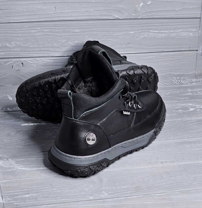 Кожаные зимние мужские черные прошитые ботинки на меху Шнурок 2 змейки