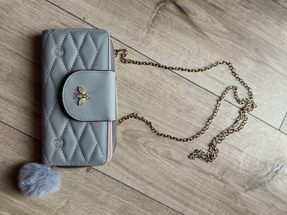 Portfel damski szary pudrowy róż ma telefon