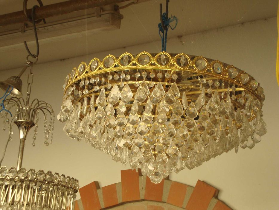 Candeeiro Dourado, Usado,  Cristal com Pingentes, 9 Lampadas E14