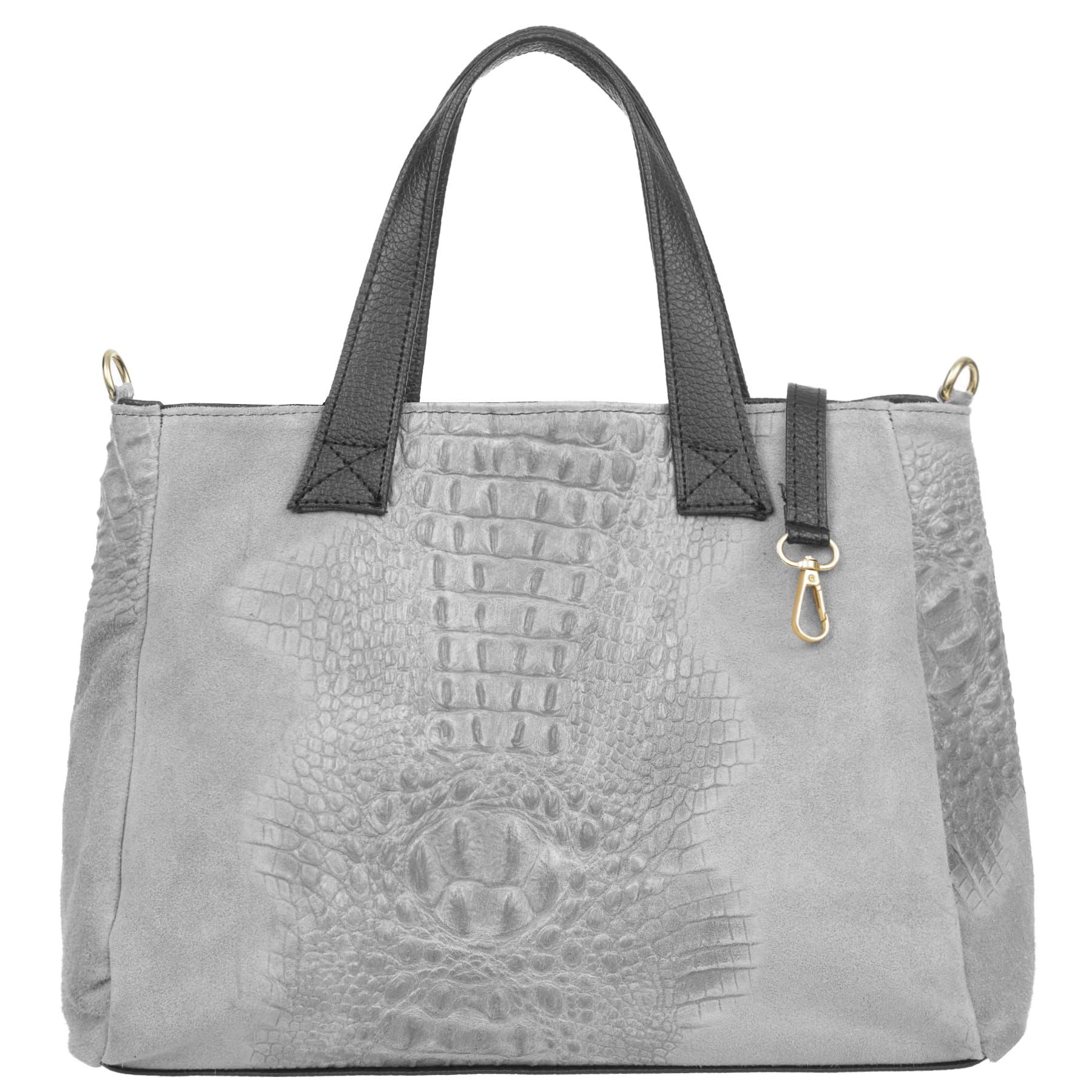 VERA PELLE torebka zamszowa shopper kroko z paskiem V543 j.szara