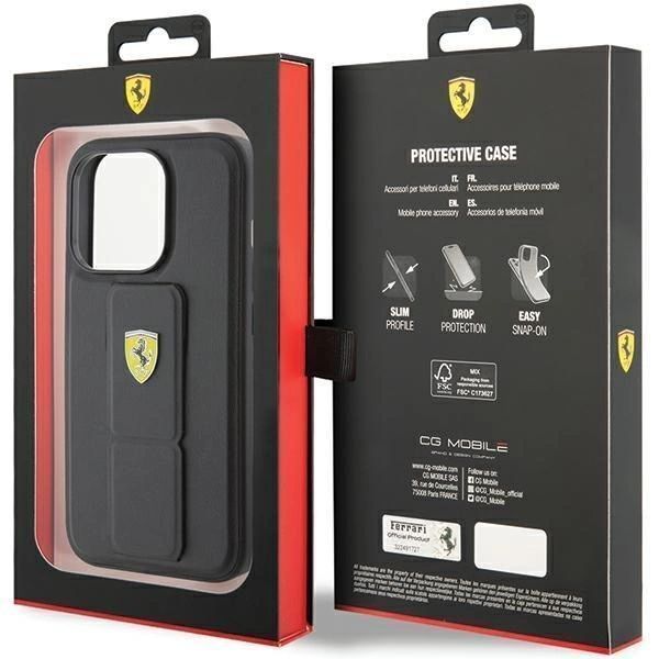 Etui Ferrari Grip Stand Metal Logo Na Iphone 15 Pro - Czarne