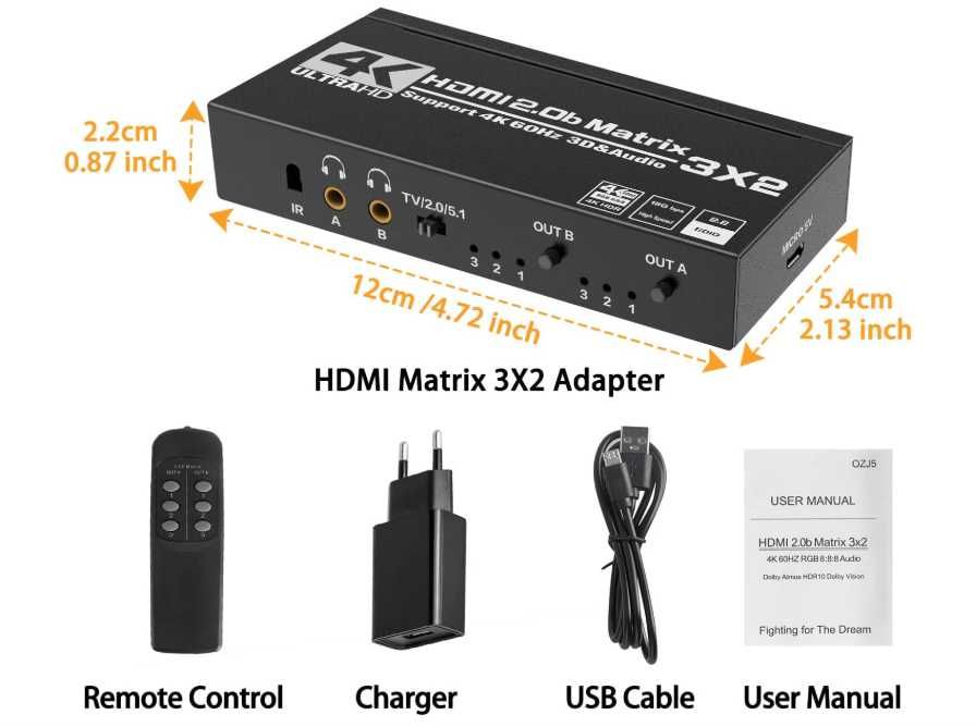 Tendak Matrix HDMI 3x2 - Przełącznik 4K 60 Hz 3 Wejścia 2 Wyjścia