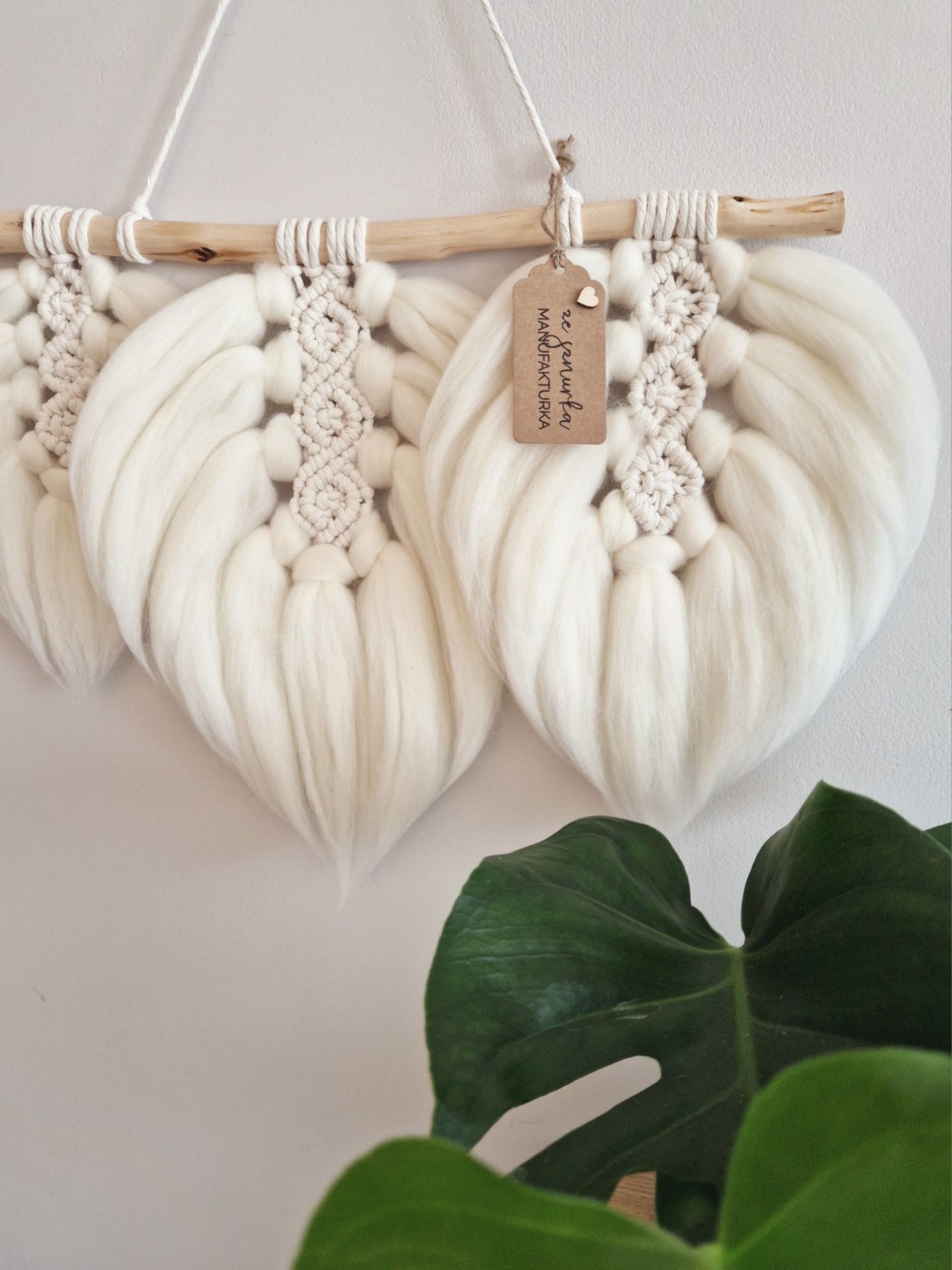 Makramowe liście z wełny puchate listki handmade rękodzieło