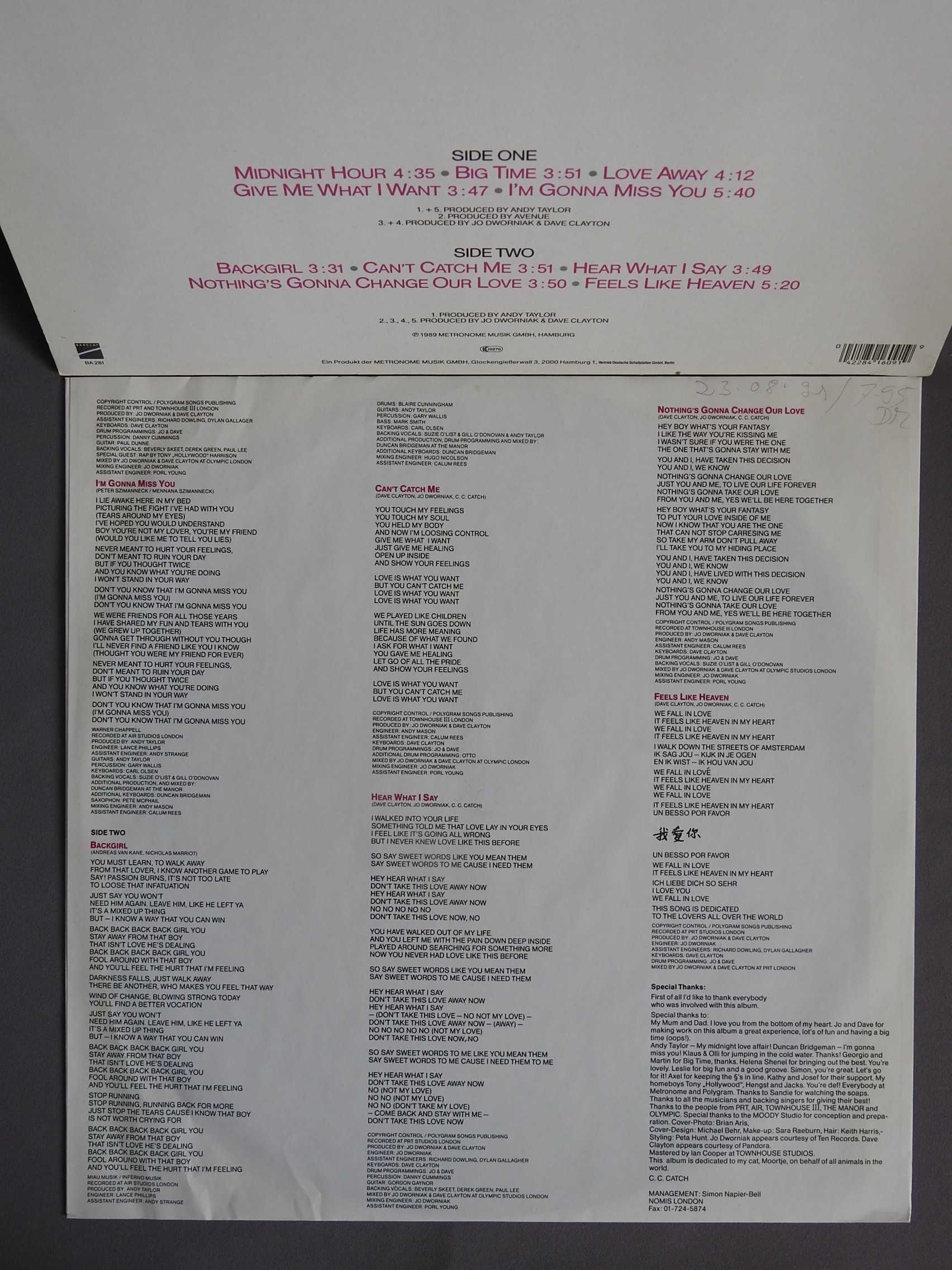 C.C. Catch Hear What I Say LP оригинал 1989 пластинка Europe NM 1press