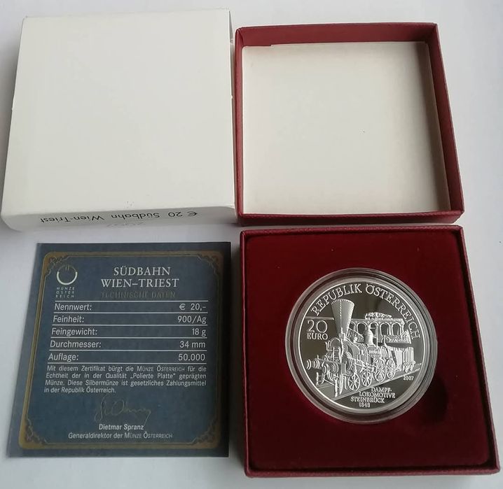 Австрія 20 євро 2007р. СРІБЛО. ПРУФ. Австрійська - Південна залізниця