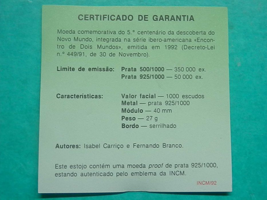 1346 - PROOF: 1.000$00 1992 Encontro dois Mundos, por 38,00