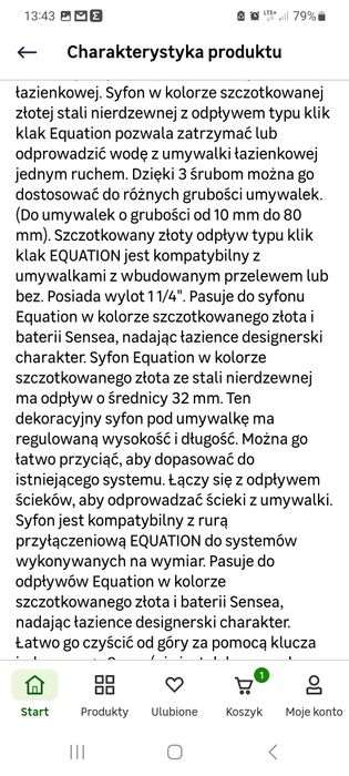 Syfon umywalkowy  szczotkowane złoto  Equation
