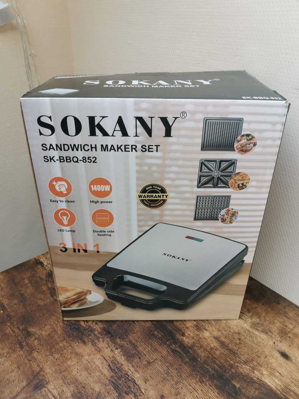 Вафельниця - мультипекар Sokany SK-BBQ-852 на 3 пластини, Сендвичница