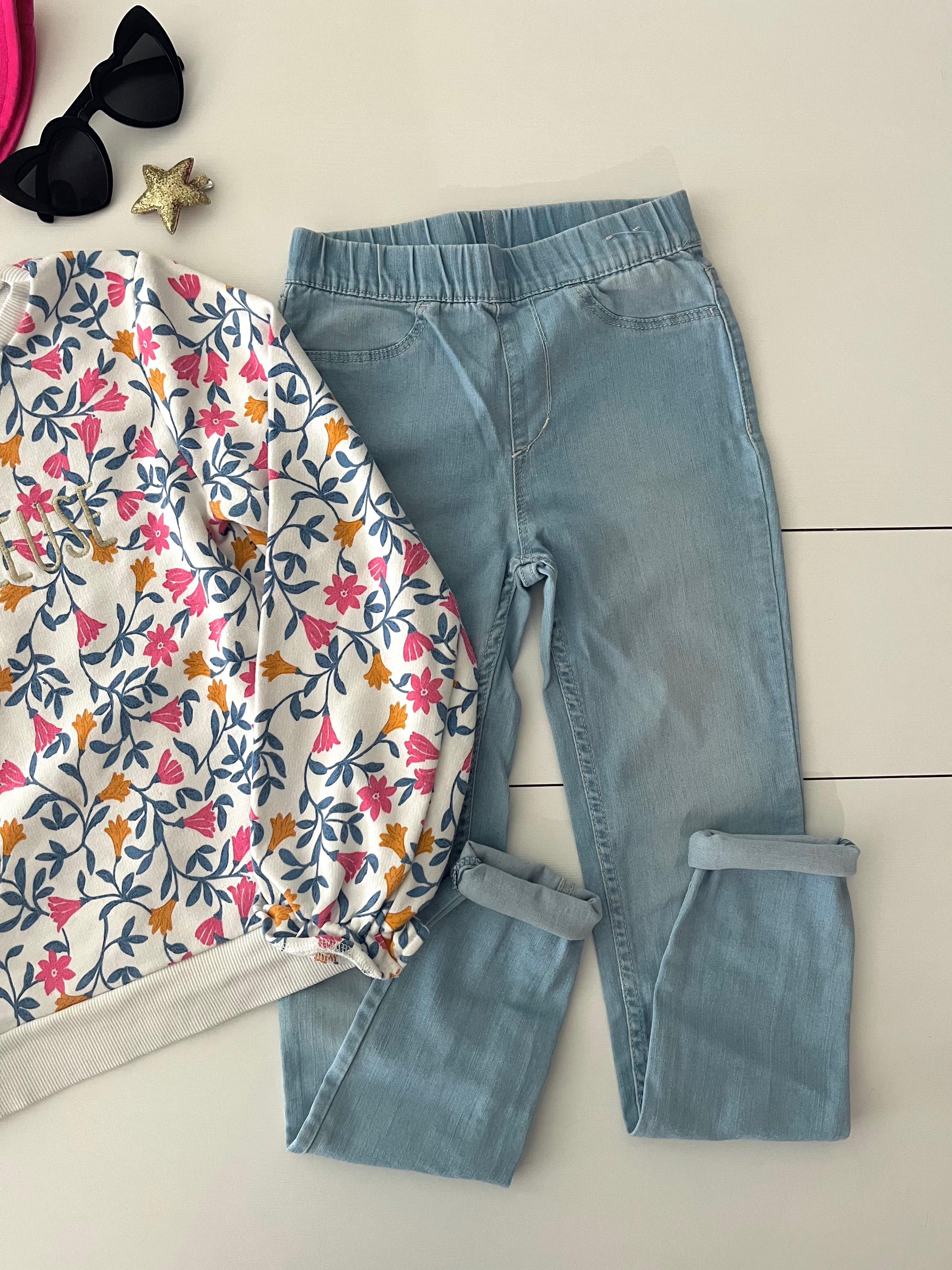 Bluza TAO spodnie H&M 10 lat 140 dzinsy rurki kwiatki wiosna falbanki