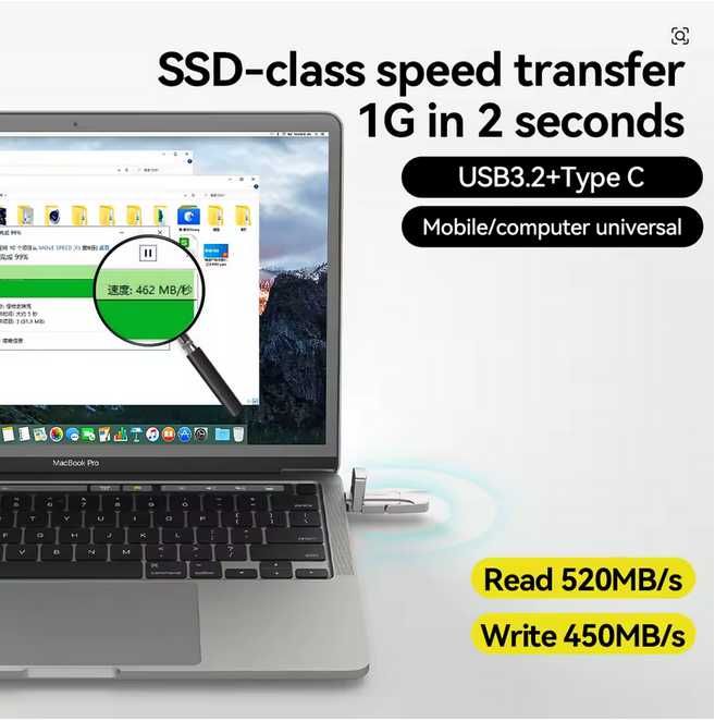 Швидкісна флешка MOVESPEED 256GB USB 3.2 OTG - до 520 MB/s, металева
