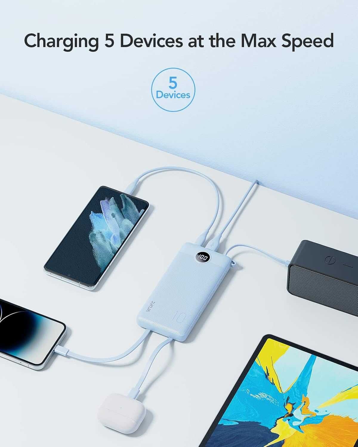 Power Bank VRURC 10 000 mAh PD/QC 20 W, 5 portów, wbudowane kable, LED