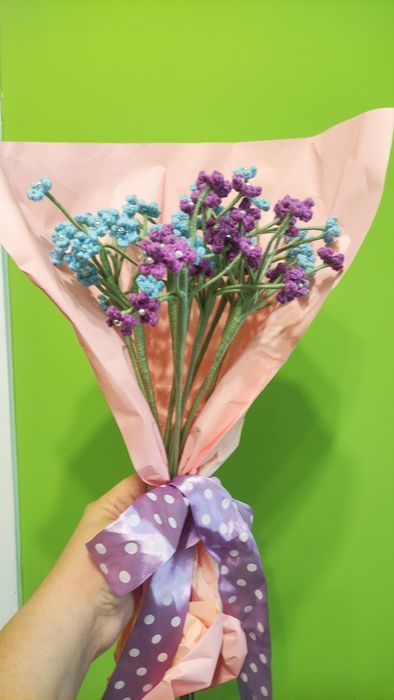 Kwiaty ręcznie dziergane niezapominajki bukiet