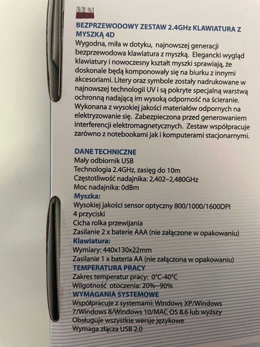 Klawiatura + mysz zestaw bezprzewodowy Esperanza, nowy