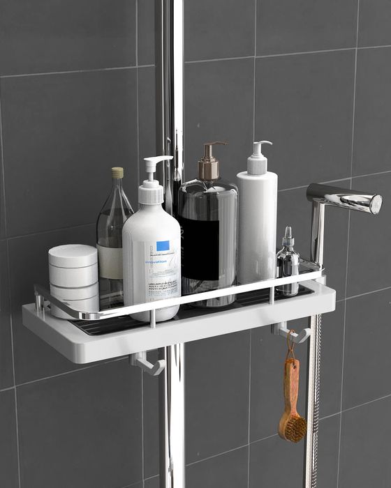 GOOPOOL Półka Prysznicowa Bez Wiercenia z Haczykami 27x11 cm Biała