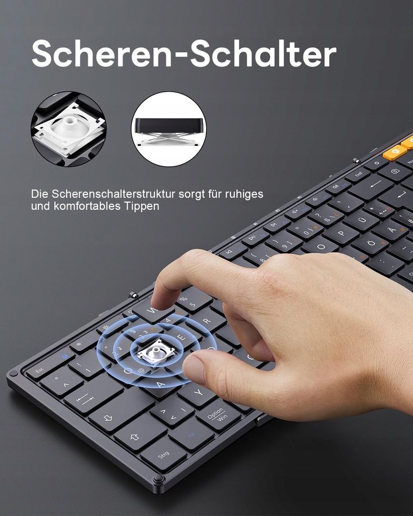 Składana klawiatura bluetooth, Układ DE QWERTZ, iOS Windows Android