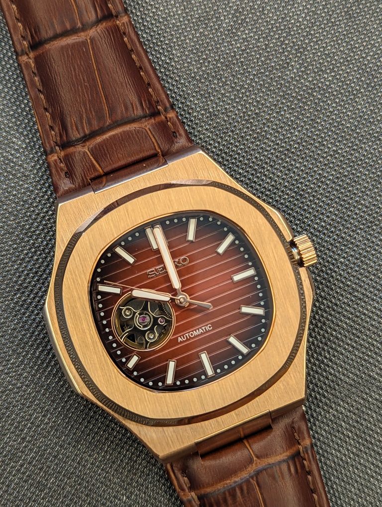 Seiko mod Nautiko open heart skórzany pasek