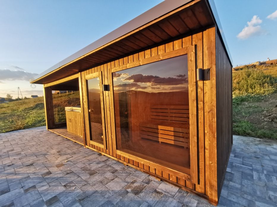 SAUNA ogrodowa PREMIUM 7,5M X 2,5M PIEC WI-FI, prysznic